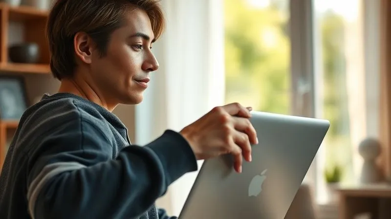 A photorealistic, professional photography, 8K, cinematic lighting, sharp focus, depth of field, shot on a high-end DSLR of a person gently closing a laptop, turning away from the screen with a serene expression, looking towards a sunlit window. The background is a soft, blurred home environment, emphasizing a shift from digital work to mindful presence.