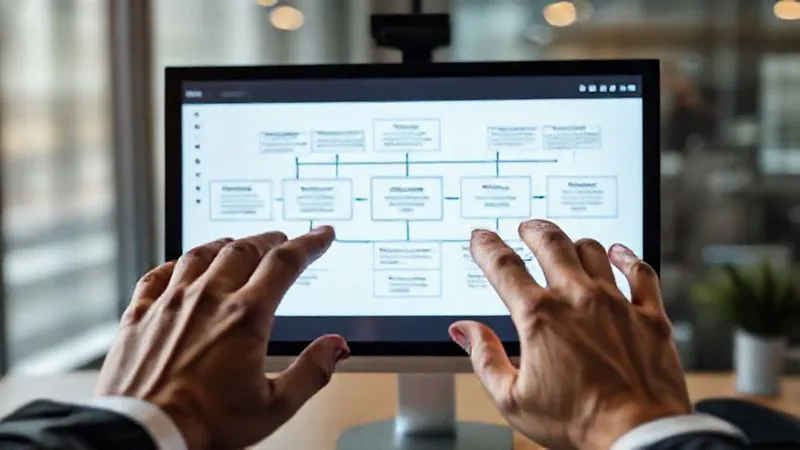 A photorealistic image depicting a clear, organized workflow diagram on a digital screen, showing interconnected steps for data collection, analysis, model building, and action planning in HR analytics, with professional hands subtly gesturing towards the screen, cinematic lighting, sharp focus, depth of field, 8K hyper-detailed.