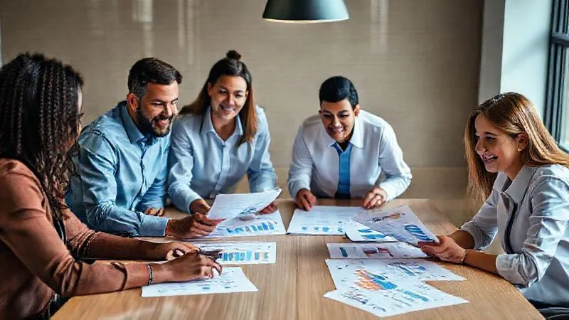 A photorealistic image of a diverse, engaged team of professionals collaborating around a large table, discussing graphs and reports related to employee retention, with a sense of positive problem-solving and shared purpose, cinematic lighting, sharp focus on their faces and documents, depth of field, 8K hyper-detailed.
