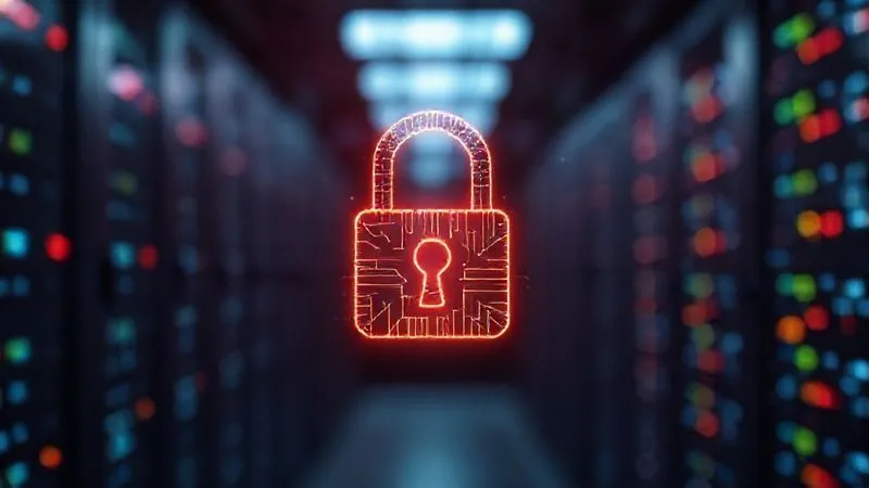 A photorealistic image of a lock icon made of intertwining data lines, symbolizing data privacy and security in HR analytics, set against a blurred background of a modern data center, with a subtle glow, cinematic lighting, sharp focus on the lock, depth of field, 8K hyper-detailed.