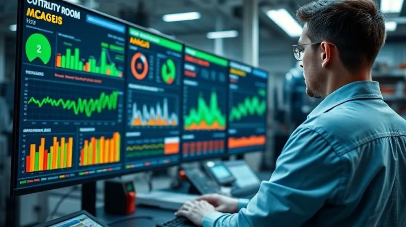 photorealistic, professional photography, 8K, cinematic lighting, sharp focus, depth of field, shot on a high-end DSLR, a sophisticated manufacturing control room dashboard displaying real-time quality metrics, vibrant green and red indicators, 3D bar charts, and line graphs showing defect trends, a focused engineer analyzing the data on a large monitor, a sense of precision and data-driven decision making. photorealistic, professional photography, 8K, cinematic lighting, sharp focus, depth of field, shot on a high-end DSLR, a sophisticated manufacturing control room dashboard displaying real-time quality metrics, vibrant green and red indicators, 3D bar charts, and line graphs showing defect trends, a focused engineer analyzing the data on a large monitor, a sense of precision and data-driven decision making.