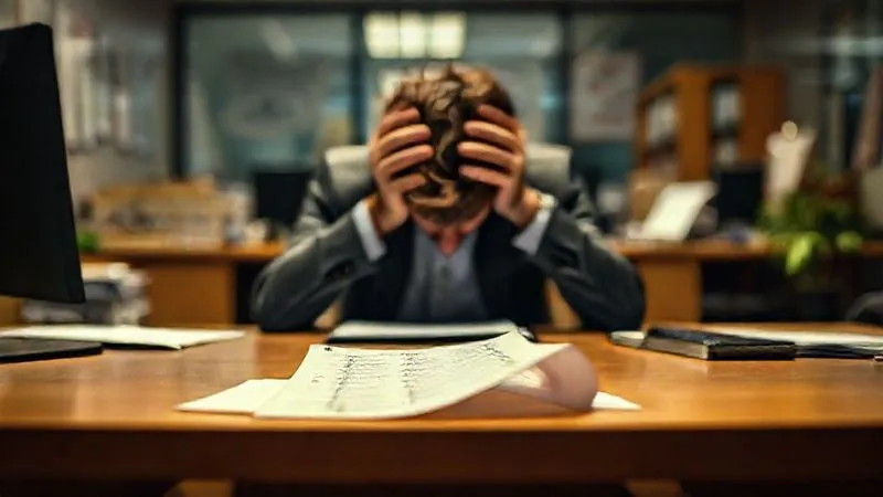 Photorealistic image of a person sitting at a desk, head in hands, surrounded by blurred office activity, symbolizing mental fatigue and disengagement. The foreground is sharp, showing a discarded 'to-do' list. Professional photography, 8K, cinematic lighting, sharp focus, depth of field, shot on a high-end DSLR.
