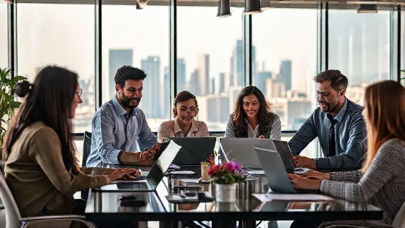 Photorealistic image of a diverse group of professionals working collaboratively in a modern, brightly lit co-working space, some on laptops, others in discussion, with large windows revealing a city skyline. The atmosphere is vibrant yet focused, symbolizing flexible and integrated work. Professional photography, 8K, cinematic lighting, sharp focus, depth of field, shot on a high-end DSLR.