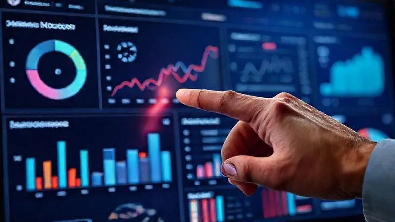 Photorealistic image of a professional dashboard displaying various HR metrics and wellness data, with graphs showing engagement trends, EAP utilization, and absenteeism rates. A hand points to a specific data point, symbolizing analysis and decision-making. Professional photography, 8K, cinematic lighting, sharp focus, depth of field, shot on a high-end DSLR.