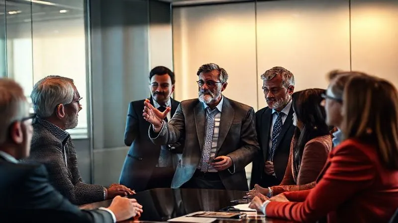 A photorealistic, professional photography, 8K, cinematic lighting, sharp focus, depth of field, shot on a high-end DSLR, of a diverse group of senior leaders in a modern boardroom, engaged in a deep, strategic discussion. One leader is gesturing thoughtfully, illustrating a point on a transparent digital display. The atmosphere is serious but collaborative, conveying strong leadership, forward-thinking, and a commitment to organizational excellence and talent development. The lighting emphasizes their expressions of wisdom and vision.
