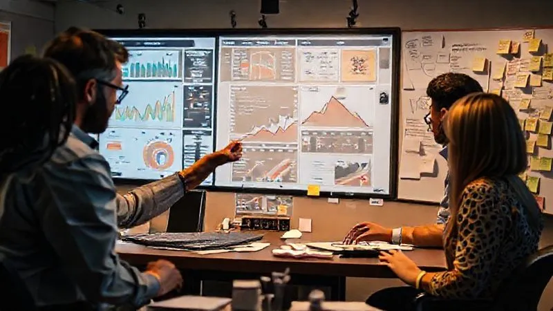 photorealistic, professional photography, 8K, cinematic lighting, sharp focus, depth of field, shot on a high-end DSLR, a diverse team of data analysts intently examining a complex dashboard with various charts and graphs, one person pointing to a specific downward trend on a CSAT score graph, surrounded by sticky notes and whiteboards filled with insights, reflecting a serious problem-solving atmosphere. photorealistic, professional photography, 8K, cinematic lighting, sharp focus, depth of field, shot on a high-end DSLR, a diverse team of data analysts intently examining a complex dashboard with various charts and graphs, one person pointing to a specific downward trend on a CSAT score graph, surrounded by sticky notes and whiteboards filled with insights, reflecting a serious problem-solving atmosphere.