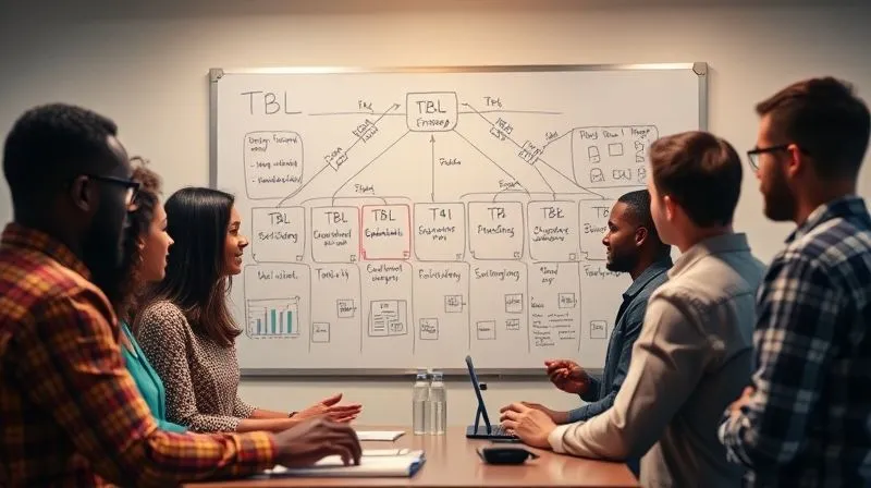 A photorealistic, professional photography, 8K, cinematic lighting, sharp focus, depth of field, shot on a high-end DSLR of a diverse team collaborating around a whiteboard filled with TBL strategy diagrams, showing active discussion and shared commitment.