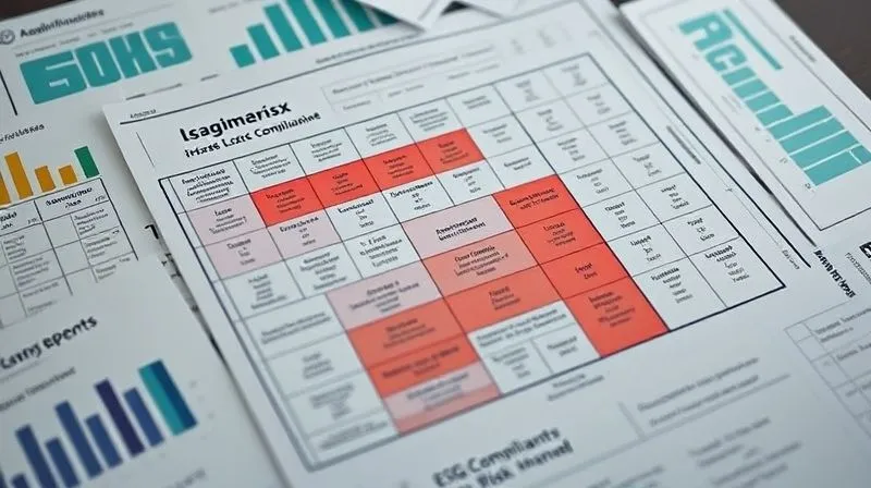 A photorealistic, professional photography, 8K, cinematic lighting, sharp focus, depth of field, shot on a high-end DSLR of a complex financial risk matrix, with certain high-risk areas highlighted in red, surrounded by documents related to ESG compliance and sustainability reports, implying proactive risk management.
