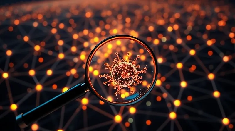 A photorealistic, professional photography, 8K, cinematic lighting, sharp focus, depth of field, shot on a high-end DSLR. A complex, vibrant digital network of interconnected nodes and glowing lines representing an innovation ecosystem, stretching into the distance. In the foreground, a magnifying glass hovers over a specific cluster of nodes, trying to discern individual contributions amidst the intricate web. The overall mood is one of intricate challenge and intellectual pursuit, with subtle hints of potential breakthroughs. The lighting emphasizes the complexity and depth of the network.