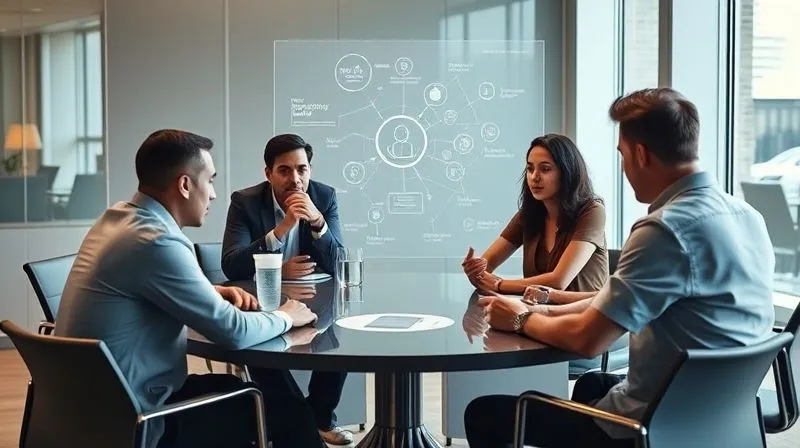 A photorealistic, professional photography, 8K, cinematic lighting, sharp focus, depth of field, shot on a high-end DSLR. A diverse group of business professionals sitting around a modern conference table, engaged in a deep discussion, with one person gesturing towards a holographic display that shows a blend of qualitative insights (e.g., interconnected ideas, word clouds, testimonial snippets) and subtle quantitative data points. The lighting is warm and collaborative, emphasizing human connection and shared understanding in the process of making sense of complex information. The focus is on the human element of interpretation and storytelling.