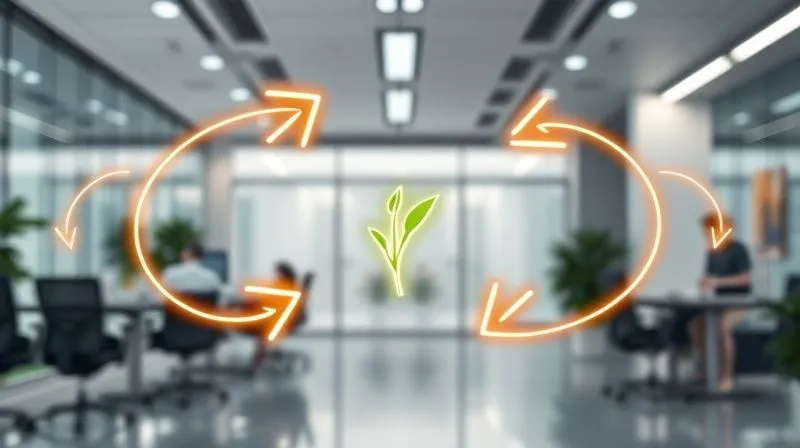 A photorealistic, professional photography, 8K, cinematic lighting, sharp focus, depth of field, shot on a high-end DSLR. A dynamic visual metaphor of a continuous feedback loop or iterative process. Glowing arrows flow in a circular motion, connecting various abstract elements representing 'data collection', 'analysis', 'optimization', and 'communication'. In the center, a stylized icon of a growing plant or a rising graph symbolizes continuous value creation. The background is a clean, futuristic office environment, suggesting ongoing strategic development.