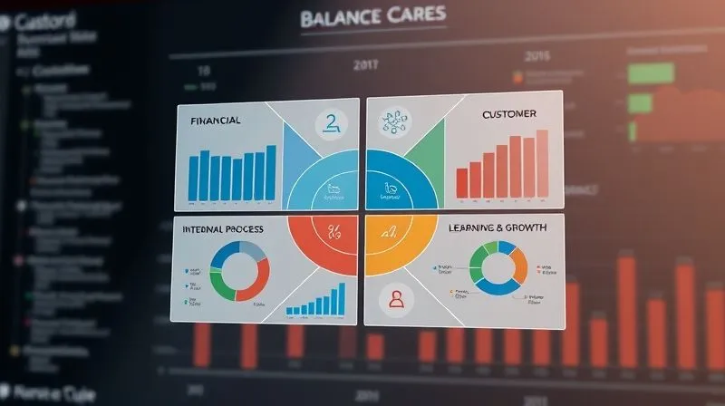 A photorealistic 3D visualization of a balanced scorecard dashboard, with four distinct quadrants representing Financial, Customer, Internal Process, and Learning & Growth. Each quadrant contains interconnected charts and KPIs, demonstrating holistic performance measurement. Professional photography, 8K, cinematic lighting, sharp focus, depth of field blurring the background, shot on a high-end DSLR. A photorealistic 3D visualization of a balanced scorecard dashboard, with four distinct quadrants representing Financial, Customer, Internal Process, and Learning & Growth. Each quadrant contains interconnected charts and KPIs, demonstrating holistic performance measurement. Professional photography, 8K, cinematic lighting, sharp focus, depth of field blurring the background, shot on a high-end DSLR.