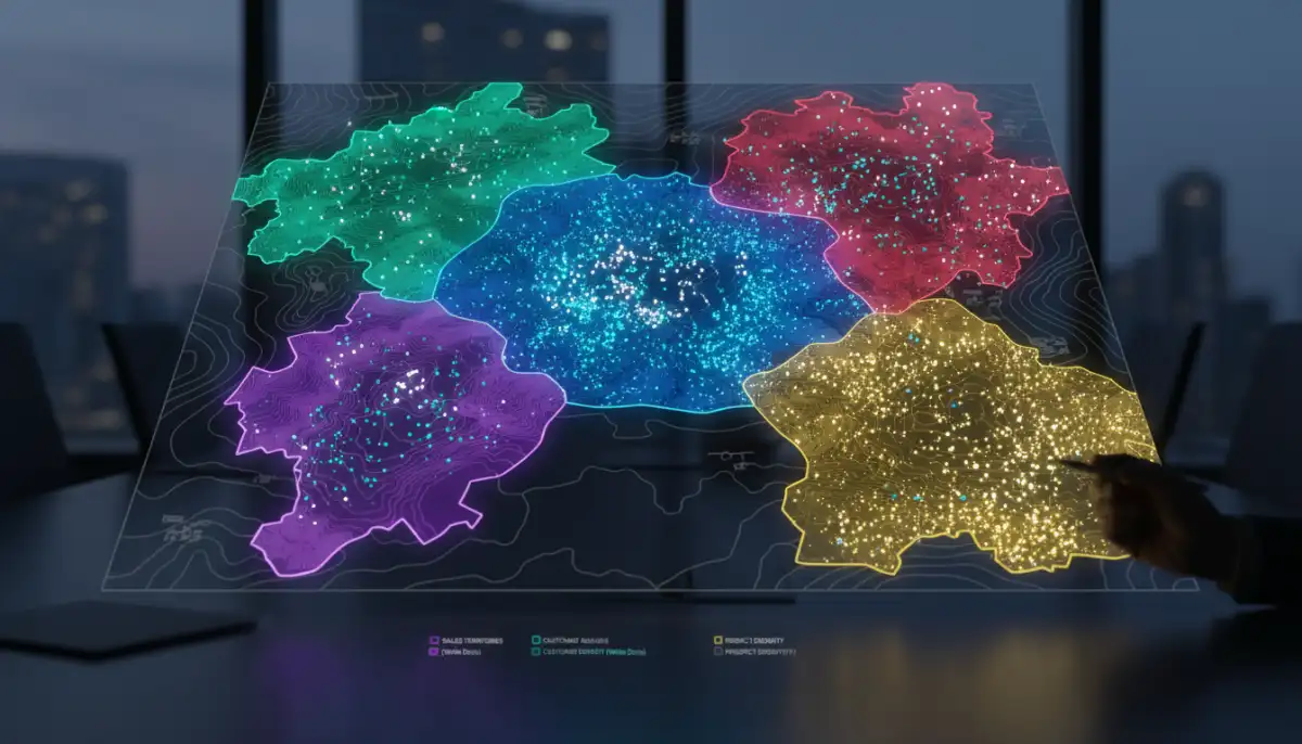 This map visualizes sales territories, showcasing the distribution of customers and prospects within each region. Territory mapping software helps identify areas with unequal opportunity or workload.