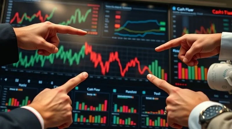 A photorealistic, professional photography, 8K, cinematic lighting, sharp focus, depth of field, shot on a high-end DSLR. A complex financial dashboard showing multiple fluctuating graphs, with one prominent 'Cash Flow' line dipping sharply into the red, surrounded by worried hands pointing at it. The atmosphere is tense but professional.