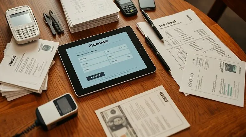 A photorealistic, professional photography, 8K, cinematic lighting, sharp focus, depth of field, shot on a high-end DSLR. A diverse collection of financial tools and documents arranged on a wooden table, including a tablet displaying online loan applications, a stack of invoices, a credit card terminal, and a small pile of cash. Soft, warm light highlights the various options, symbolizing choice and accessibility.