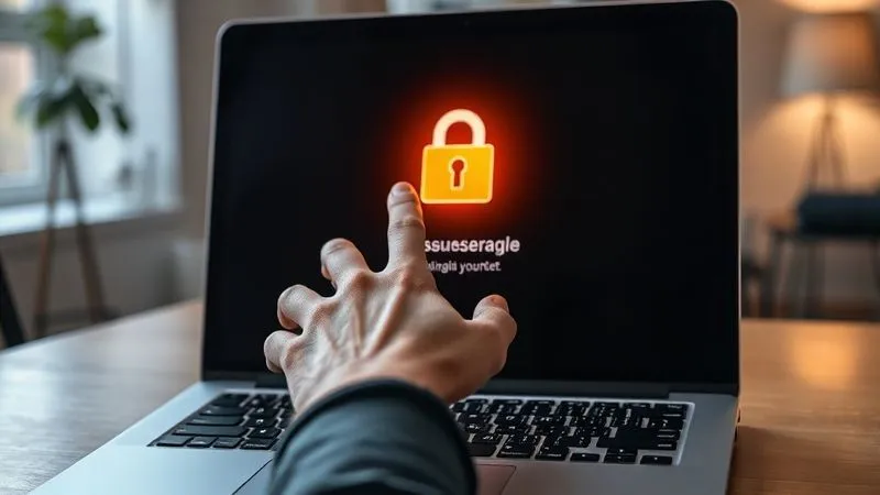 A photorealistic image of a person's hand reaching for a glowing, unsecured digital file icon on a laptop screen, with a blurred background of a home office. The screen shows a warning symbol, but the hand is still reaching, conveying a subtle sense of urgency and oversight. Professional photography, 8K, cinematic lighting, sharp focus on the hand and icon, depth of field, shot on a high-end DSLR.