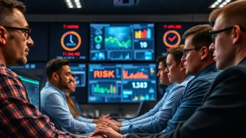 A photorealistic image of a diverse team of professionals in a modern command center, intensely focused on multiple large data screens displaying risk metrics and flowcharts, with a sense of urgency and collaboration, cinematic lighting, sharp focus on their faces, depth of field blurring the background, 8K hyper-detailed, shot on a high-end DSLR.