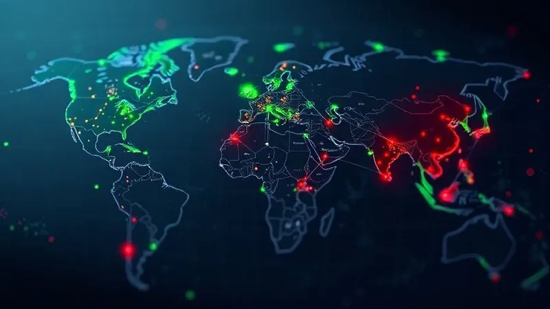 A photorealistic image of a complex, interconnected supply chain network diagram overlaid on a global map, with some nodes highlighted in green for resilience and others in red for vulnerability. The image uses futuristic data visualization, cinematic lighting, sharp focus on the network, depth of field blurring the background, 8K hyper-detailed, shot on a high-end DSLR.