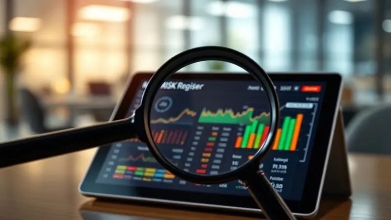 A photorealistic image of a magnifying glass hovering over a detailed, dynamic risk register dashboard on a tablet, showing real-time updates and color-coded risk levels. The background is a blurred office environment, cinematic lighting, sharp focus on the tablet screen, depth of field, 8K hyper-detailed, shot on a high-end DSLR.