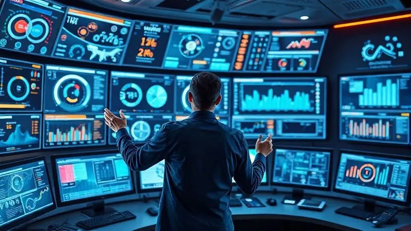 A photorealistic image of a futuristic control room with multiple holographic displays showing complex data visualizations, dashboards, and risk matrices. A professional operator is interacting with the displays using gestures, signifying advanced technological oversight in operational risk management. Cinematic lighting, sharp focus on the displays, depth of field, 8K hyper-detailed, shot on a high-end DSLR.