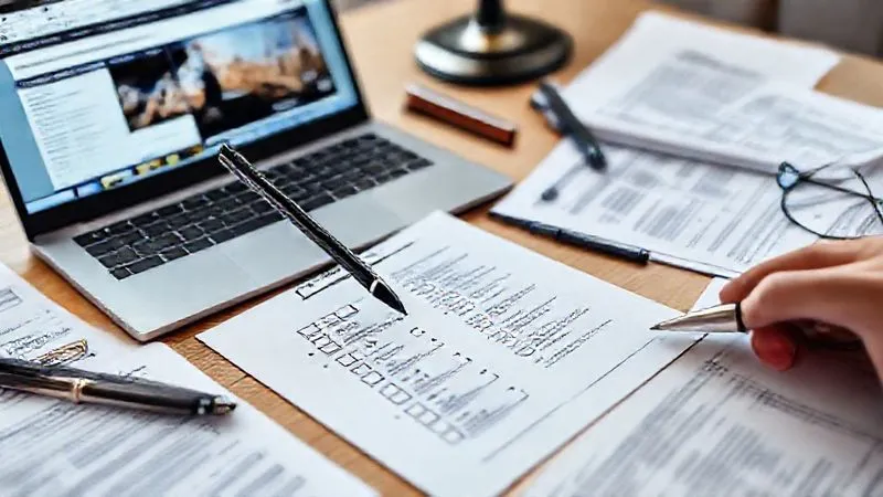 A photorealistic image of a detailed checklist being meticulously marked off with a pen, surrounded by various legal documents, tax forms, and a laptop displaying a government website. The scene is bright, organized, and conveys a sense of thoroughness and compliance. Professional photography, 8K, cinematic lighting, sharp focus on the checklist, depth of field blurring the background, shot on a high-end DSLR.