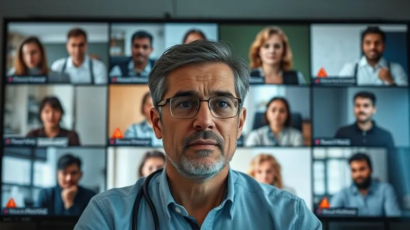 A diverse group of remote team members on video call screens, some looking disengaged or stressed, with a professional leader in the foreground observing with a concerned expression, subtle red warning signs subtly appearing around the disengaged individuals, photorealistic, professional photography, 8K, cinematic lighting, sharp focus on the leader, depth of field, shot on a high-end DSLR.