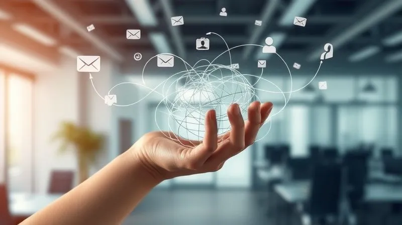 A complex, tangled network of communication lines and digital icons (email, chat, video call) being untangled and streamlined into clear, organized pathways by a professional hand, symbolizing effective remote communication, set against a modern office background, photorealistic, professional photography, 8K, cinematic lighting, sharp focus on the communication lines, depth of field, shot on a high-end DSLR.