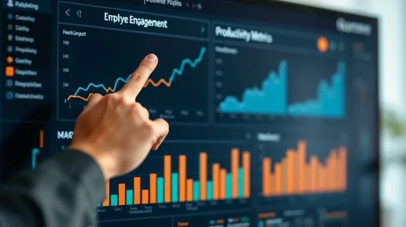 A dashboard display with various graphs and charts showing an upward trend in 'Employee Engagement' and 'Productivity Metrics', with a hand pointing to the positive data. The interface is clean and modern, representing data-driven insights, photorealistic, professional photography, 8K, cinematic lighting, sharp focus on the dashboard, depth of field, shot on a high-end DSLR.