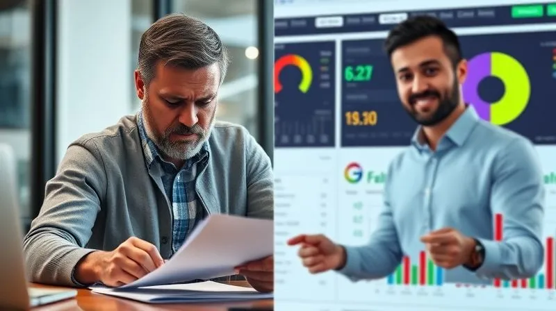 photorealistic, professional photography, 8K, cinematic lighting, sharp focus, depth of field, shot on a high-end DSLR, a split-screen image; one side shows an outdated, paper-based project report with a frustrated manager, the other side shows a modern, dynamic digital dashboard with real-time green and red indicators, a confident project manager making quick decisions. Focus on the contrast between old and new methods.