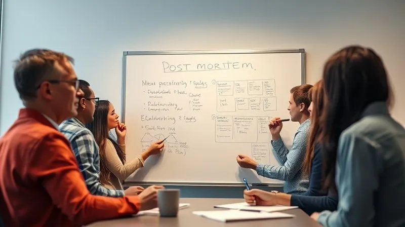 photorealistic, professional photography, 8K, cinematic lighting, sharp focus, depth of field, shot on a high-end DSLR, a diverse project team gathered around a whiteboard, drawing diagrams and writing notes, engaged in a constructive post-mortem discussion, with a positive and forward-looking atmosphere, symbolizing learning from past challenges.