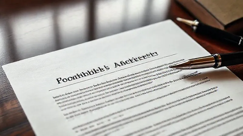 A photorealistic close-up of a meticulously drafted legal document titled "Founders' Agreement" or "Shareholders' Agreement," with key clauses highlighted, resting on a polished dark wood table, a fountain pen nearby, 8K, cinematic lighting, sharp focus.
