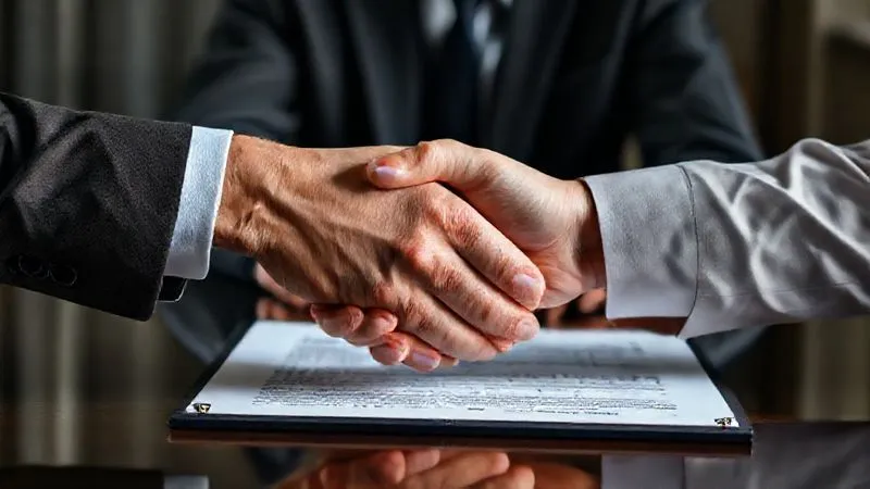 A photorealistic image of two hands clasped in a handshake over a legal document, with a neutral mediator sitting subtly in the background, conveying a sense of resolution and agreement, 8K, cinematic lighting, sharp focus on the handshake.