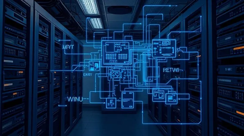 A digital blueprint overlaying an old, complex server room, highlighting dependencies and data flows with glowing lines, illustrating the intricate network of a legacy IT system. Photorealistic, professional photography, 8K, cinematic lighting, sharp focus, depth of field, shot on a high-end DSLR.