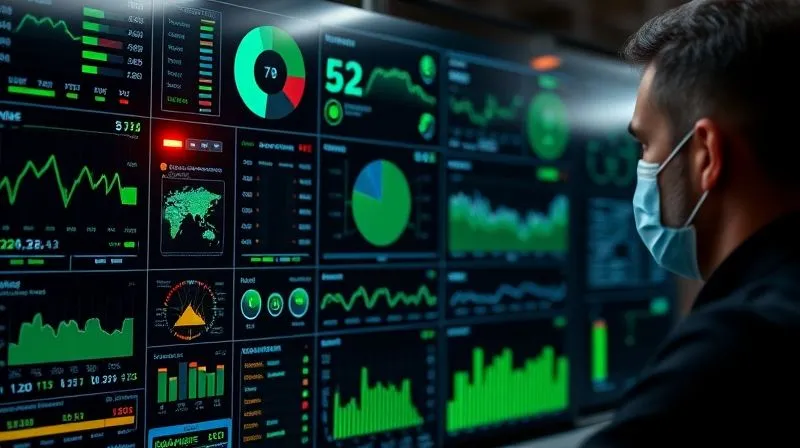 A dynamic, modern IT operations dashboard displaying complex system metrics with real-time data visualizations. Predominantly green 'healthy' indicators are present, but a subtle, early warning 'amber' signal is flashing on a critical component, being observed by a focused IT specialist. Photorealistic, professional photography, 8K, cinematic lighting, sharp focus, depth of field, shot on a high-end DSLR.