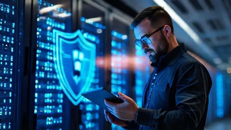 A photorealistic image of a secure, modern data center server rack with glowing blue lights, surrounded by a subtle digital shield overlay. A focused cybersecurity engineer is reviewing data on a tablet in the foreground. Cinematic lighting, sharp focus on the server rack, depth of field blurring the background, 8K hyper-detailed, professional photography, shot on a high-end DSLR. A photorealistic image of a secure, modern data center server rack with glowing blue lights, surrounded by a subtle digital shield overlay. A focused cybersecurity engineer is reviewing data on a tablet in the foreground. Cinematic lighting, sharp focus on the server rack, depth of field blurring the background, 8K hyper-detailed, professional photography, shot on a high-end DSLR.