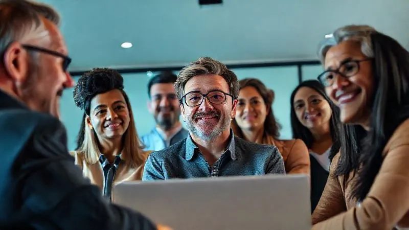 A photorealistic image of a diverse group of remote team members participating in a video conference, each with an expression of openness and active listening. One person is speaking confidently, while others nod in agreement or thoughtful consideration. The atmosphere is warm and collaborative, with soft, inviting cinematic lighting and a sharp focus on the faces, conveying psychological safety and open communication in a virtual setting. 8K, professional photography, shot on a high-end DSLR.