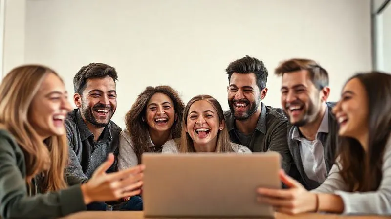 A photorealistic image of a diverse group of young professionals laughing and genuinely engaged during a virtual team-building activity on a video call. They are playing a fun, interactive game, with smiles and relaxed body language. The lighting is bright and inviting, showcasing a positive and connected virtual team environment. Sharp focus on the happy faces, depth of field blurring the background. 8K, professional photography, shot on a high-end DSLR.