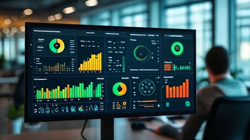 A photorealistic image of a data dashboard displaying various metrics related to team performance and sentiment. The dashboard features charts, graphs, and key performance indicators (KPIs) showing an upward trend in positive sentiment and collaboration. The screen is vibrant and modern, with soft, ambient lighting in a professional office setting. Sharp focus on the data visualization, depth of field blurring the background. 8K, professional photography, shot on a high-end DSLR.