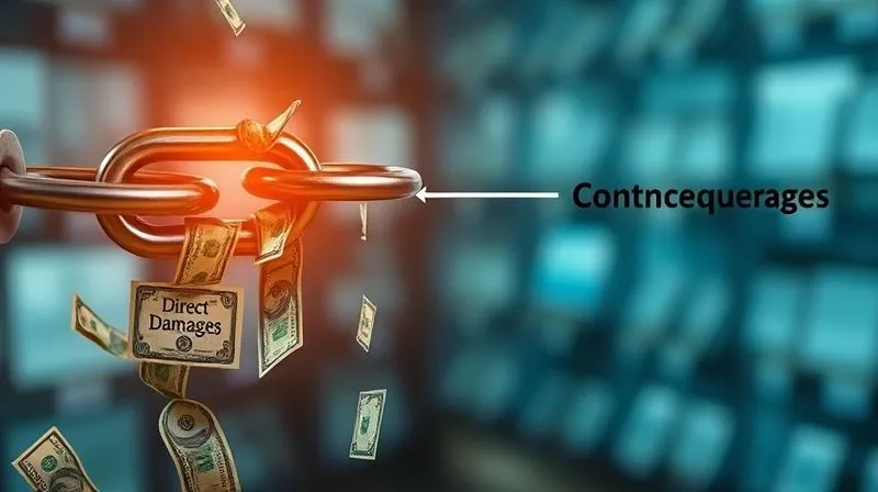 A photorealistic conceptual image depicting different types of financial losses cascading from a broken chain link, representing a contract breach. One stream of money flows directly, labeled 'Direct Damages', while another, more winding stream, is labeled 'Consequential Damages', leading to a blurred background of business operations. Cinematic lighting, sharp focus, 8K hyper-detailed.