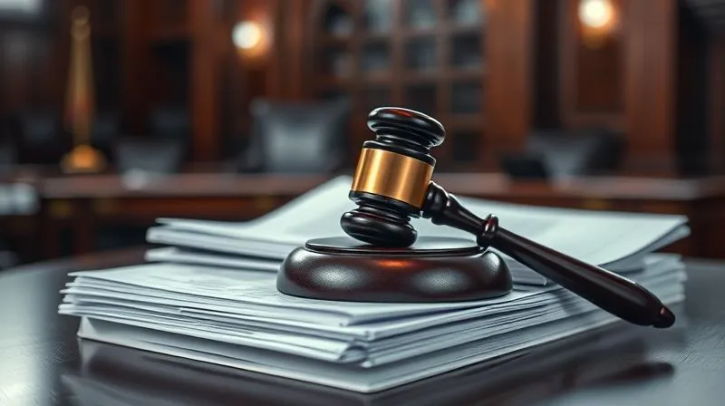 A photorealistic, highly detailed image of a judge's gavel resting on a stack of legal documents, with a blurred backdrop of a courtroom. The lighting is solemn and professional, emphasizing the gravity of legal proceedings. Sharp focus on the gavel and documents, depth of field, 8K hyper-detailed, professional photography.
