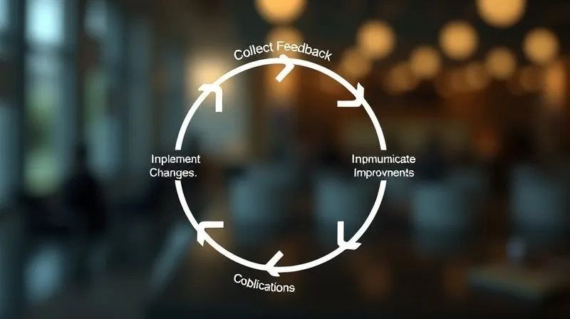 A photorealistic diagram illustrating a continuous feedback loop, starting with 'Collect Feedback', moving through 'Analyze Data', 'Implement Changes', and 'Communicate Improvements', forming a circular flow. The diagram uses clean lines and subtle icons for each stage. Professional photography, 8K, cinematic lighting, sharp focus on the diagram, depth of field blurring the background, shot on a high-end DSLR. A photorealistic diagram illustrating a continuous feedback loop, starting with 'Collect Feedback', moving through 'Analyze Data', 'Implement Changes', and 'Communicate Improvements', forming a circular flow. The diagram uses clean lines and subtle icons for each stage. Professional photography, 8K, cinematic lighting, sharp focus on the diagram, depth of field blurring the background, shot on a high-end DSLR.
