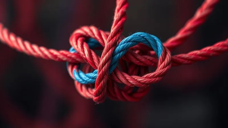 Photorealistic image of a complex, tangled knot made of red and blue ropes, symbolizing stalled negotiations and interwoven problems. The knot is in sharp focus, with a subtle depth of field blurring the background. 8K, cinematic lighting, professional photography, shot on a high-end DSLR.