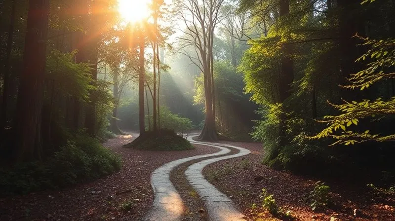 Photorealistic image of a winding path through a dense forest, with sunlight breaking through the canopy. The path forks into two distinct, clear directions, symbolizing alternative solutions or strategic pathways in a negotiation. Sharp focus on the path, depth of field blurring the surrounding foliage. 8K, cinematic lighting, professional photography, shot on a high-end DSLR.