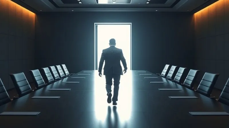 Photorealistic image of a business person confidently walking away from a dimly lit, empty boardroom table towards a bright, open door, symbolizing the strategic decision to disengage from a stagnant negotiation and pursue new opportunities. Sharp focus on the person, depth of field blurring the table. 8K, cinematic lighting, professional photography, shot on a high-end DSLR.
