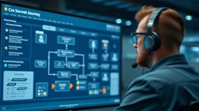 A photorealistic, professional photography, 8K, cinematic lighting, sharp focus, depth of field, shot on a high-end DSLR of a seamless digital interface showing automated customer service workflows, with a human agent monitoring in the background, ready to intervene for complex cases. The screen displays a flow chart of customer journey automation.