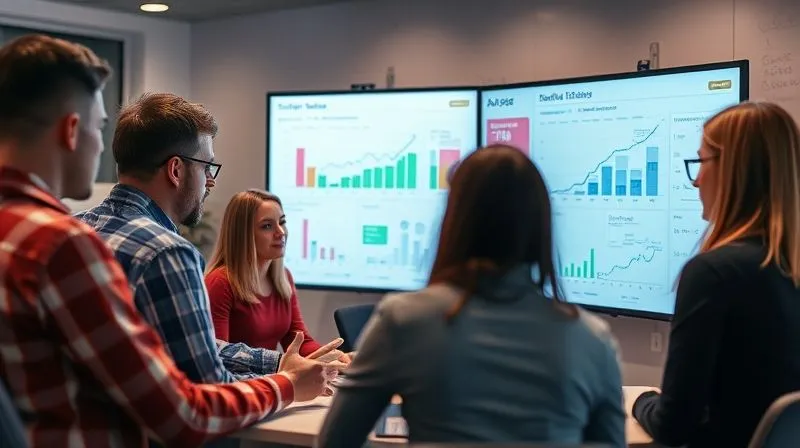 A photorealistic, professional photography, 8K, cinematic lighting, sharp focus, depth of field, shot on a high-end DSLR of an e-commerce support team conducting a post-holiday debrief, gathered around a large screen displaying analytics and charts. They are engaged in discussion, with whiteboards filled with notes, symbolizing reflection and planning for future improvements.