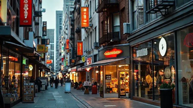 A photorealistic, professional photography, 8K, cinematic lighting, sharp focus, depth of field shot on a high-end DSLR of a vibrant, bustling street scene with diverse storefronts, a subtle glow on a specific, smaller storefront that is strategically positioned next to a popular, complementary business, symbolizing smart co-tenancy and finding value beyond the obvious. The image conveys strategic insight and opportunity.