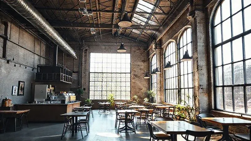 A photorealistic, professional photography, 8K, cinematic lighting, sharp focus, depth of field shot on a high-end DSLR of a beautifully repurposed industrial space, transformed into a modern, minimalist cafe or retail franchise. Sunlight streams through large windows, highlighting original architectural features blended with contemporary design. The image conveys innovation, vision, and finding prime value in unconventional settings.