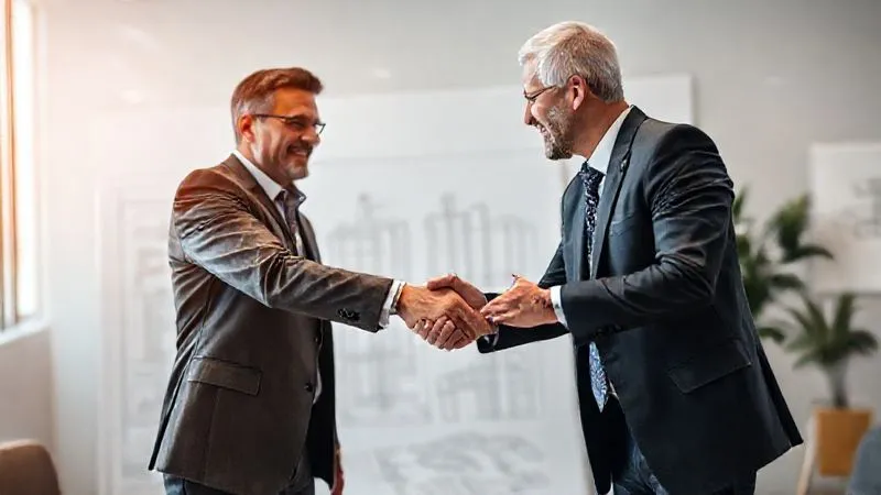A photorealistic, professional photography, 8K, cinematic lighting, sharp focus, depth of field shot on a high-end DSLR of a confident franchisee shaking hands with a knowledgeable commercial real estate broker in a modern office, with architectural blueprints subtly visible in the background. The interaction is warm and professional, symbolizing trust, partnership, and strategic guidance in securing a location.