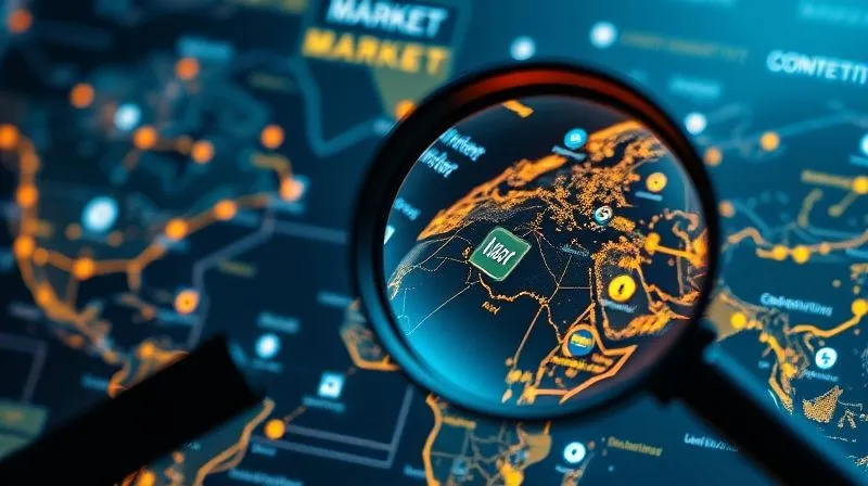 photorealistic, professional photography, 8K, cinematic lighting, sharp focus, depth of field, shot on a high-end DSLR. A magnifying glass hovering over a detailed, glowing market map, revealing competitor logos, customer segments, and strategic pathways. The map is complex but clear, indicating deep analysis and understanding. The scene evokes strategic intelligence and insight. photorealistic, professional photography, 8K, cinematic lighting, sharp focus, depth of field, shot on a high-end DSLR. A magnifying glass hovering over a detailed, glowing market map, revealing competitor logos, customer segments, and strategic pathways. The map is complex but clear, indicating deep analysis and understanding. The scene evokes strategic intelligence and insight.